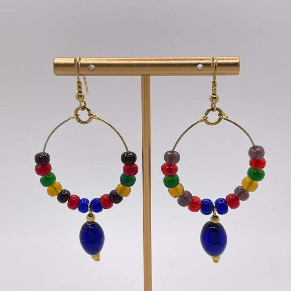 VTG 90s Beaded Hoop‎ Earrings Gold Tone Colorful Handmade Retro Boho Maximalist